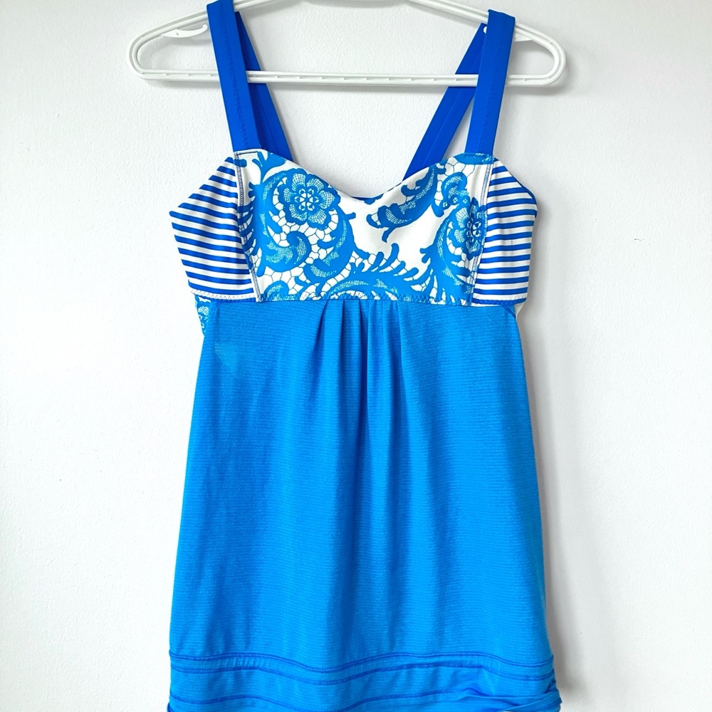 Blue and White Striped Floral Tank Top